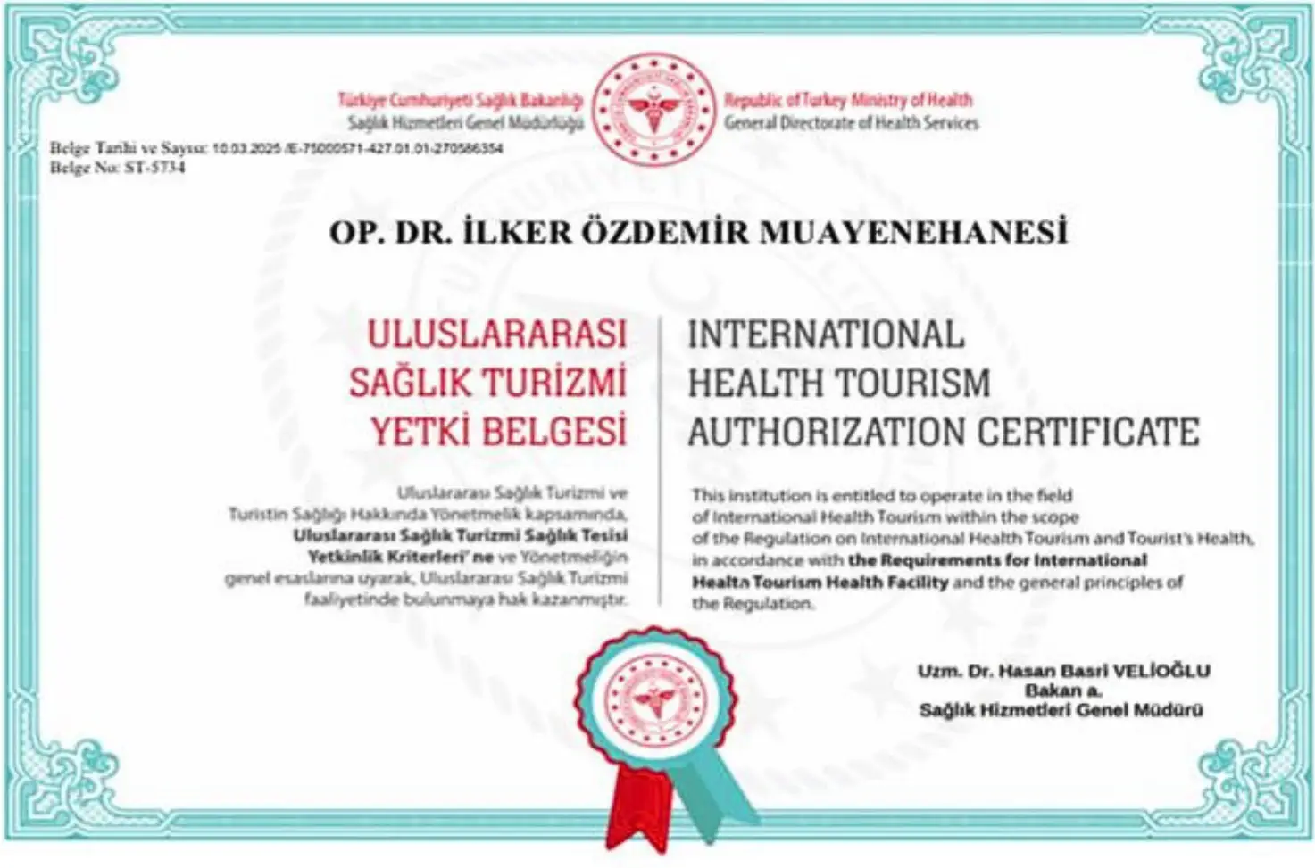 Sağlık Turizmi Yetki Belgemiz Op. Dr. İlker ÖZDEMİR - Özel Üroloji Doktoru | Edirne 1